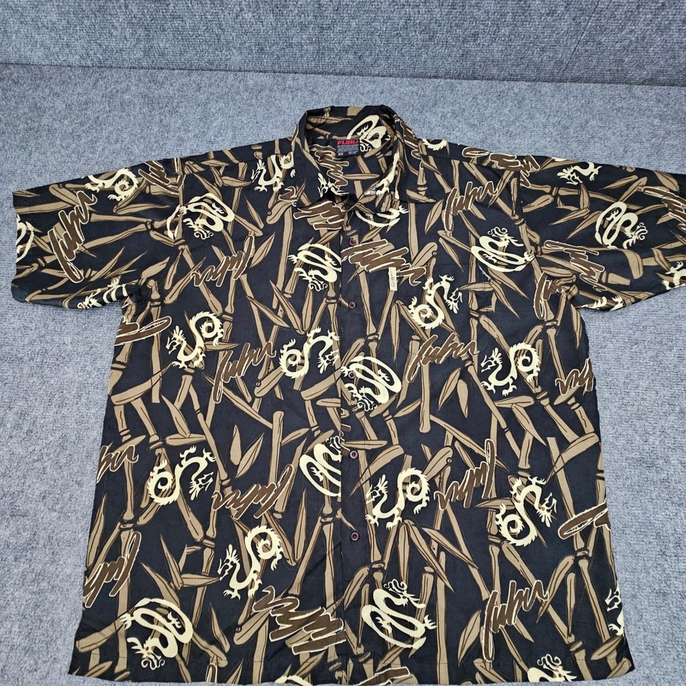 FUBU Button‎ Down Shirt Mens XXL Black Dragon Bamboo Short Sleeve Hip Hop Y2K